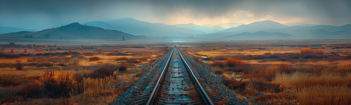 Train tracks disappearing into horizon, banner