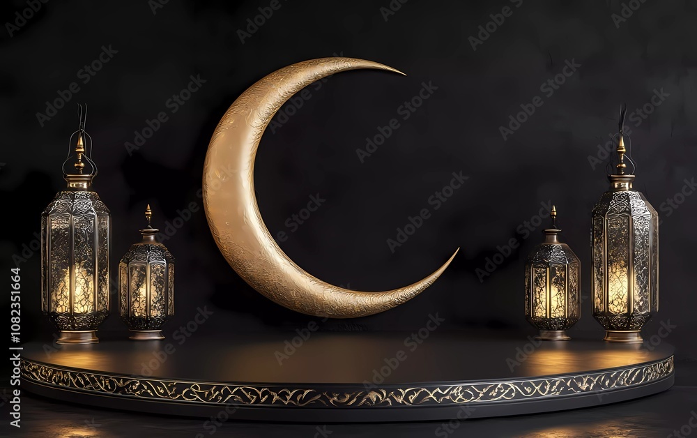 Poster 3d rendering of ramadan kareem with crescent moon and lantern mockup on a black background, podium d