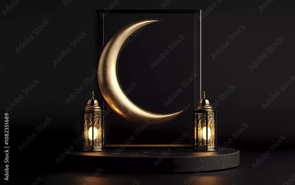 Poster 3d rendering of ramadan kareem with crescent moon and lantern mockup on a black background, podium d