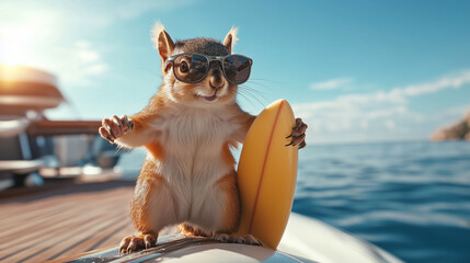 A squirrel in sporty sunglasses with a tiny surfboard under one arm, standing on the edge of a yacht as if ready to dive into the water for an adventure.