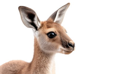 Obraz premium A young fawn stands with an inquisitive look, its large eyes and soft fur beautifully highlighted. The neutral backdrop enhances its gentle demeanor, evoking a sense of calm