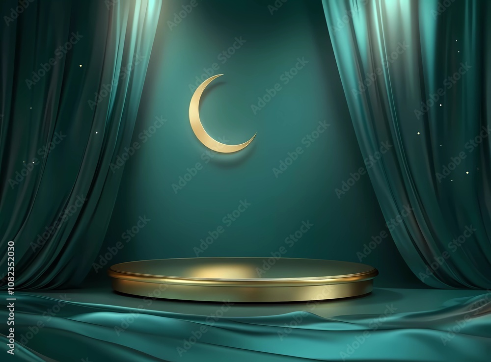 Poster a simple golden podium with curved lines and glowing lights, set against an abstract teal background
