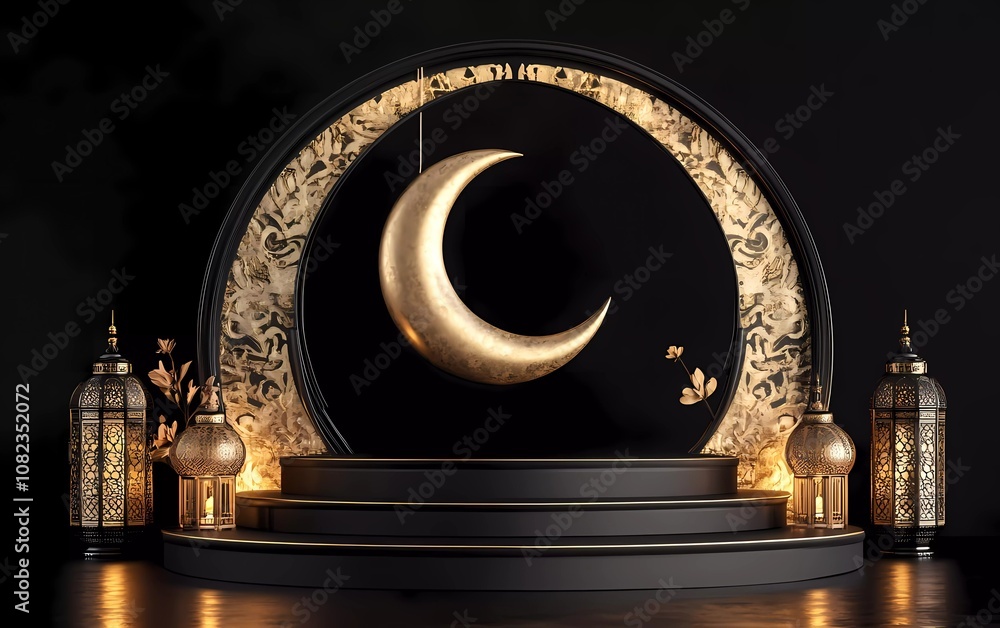 Poster 3d rendering of ramadan kareem with crescent moon and lantern mockup on a black background, podium d