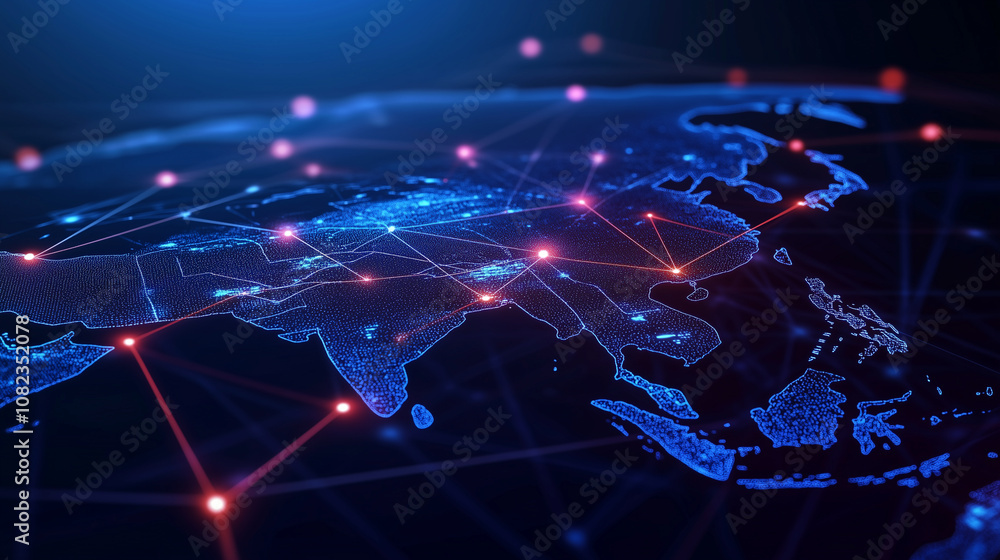 Poster a vibrant digital map of asia, showing streaming data lines across countries, with glowing dots repr