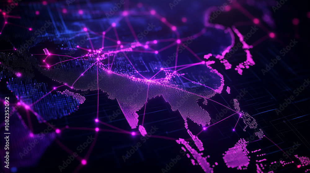 Poster a digital map of asia with a web of neon lines connecting cities, depicting a high-tech concept of c
