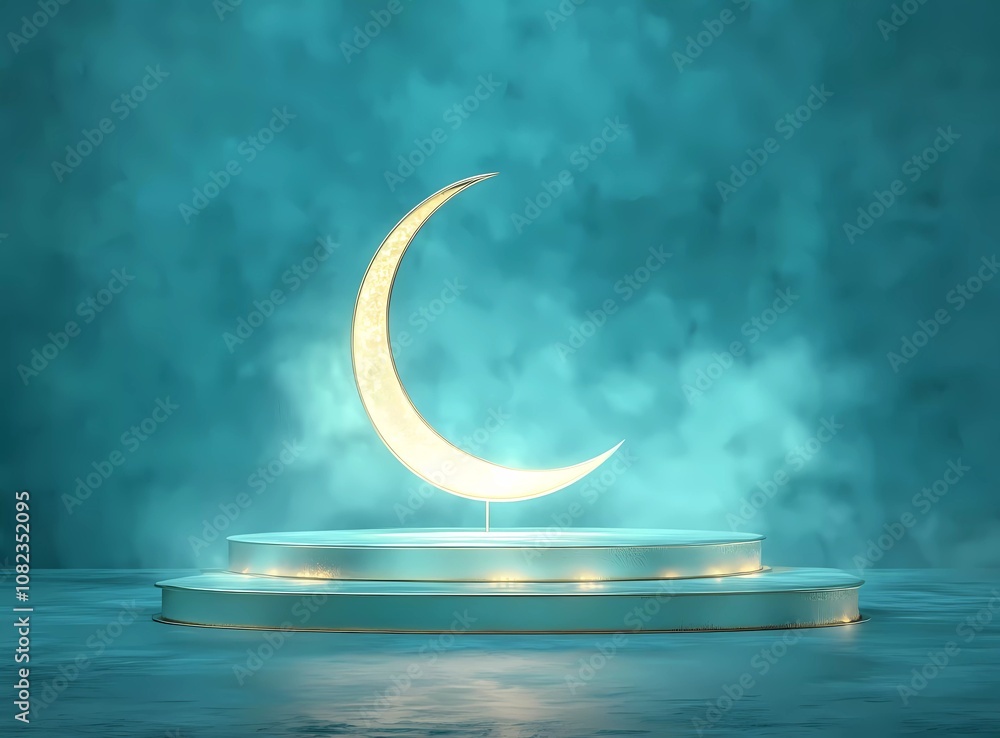 Poster a simple golden podium with curved lines and glowing lights, set against an abstract teal background