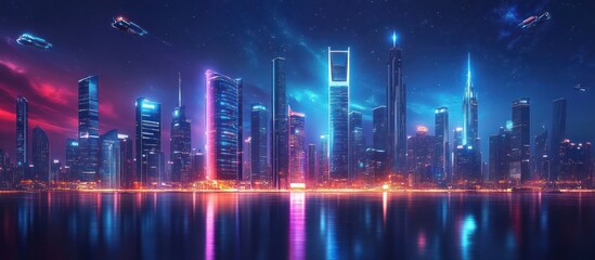 Obraz premium A futuristic city skyline with neon lights reflecting in the water at night.