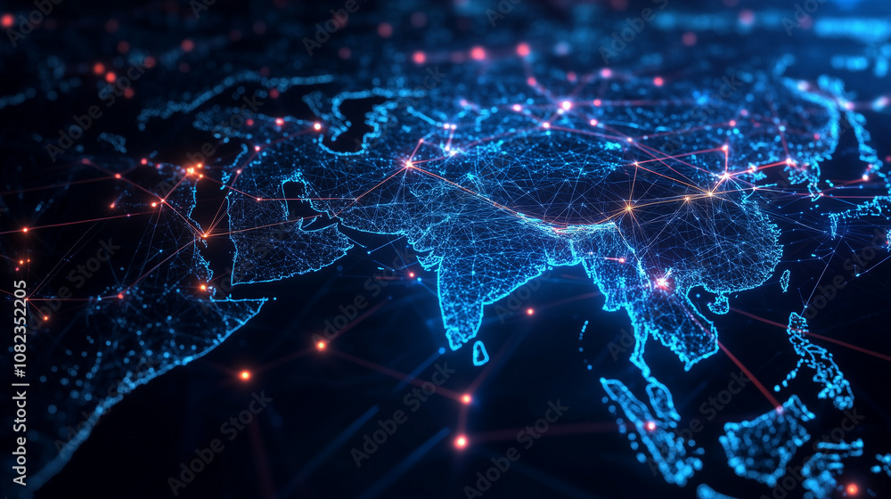 Poster a vibrant digital map of asia, showing streaming data lines across countries, with glowing dots repr