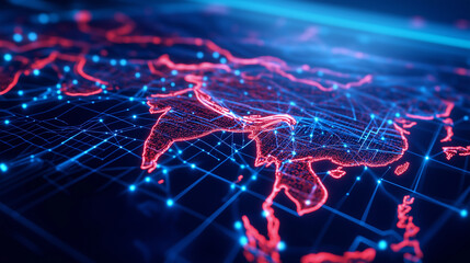 An advanced cyber-tech map of Asia with a network of bright, interconnected nodes representing data transfer and digital communication across regions, in a futuristic style.