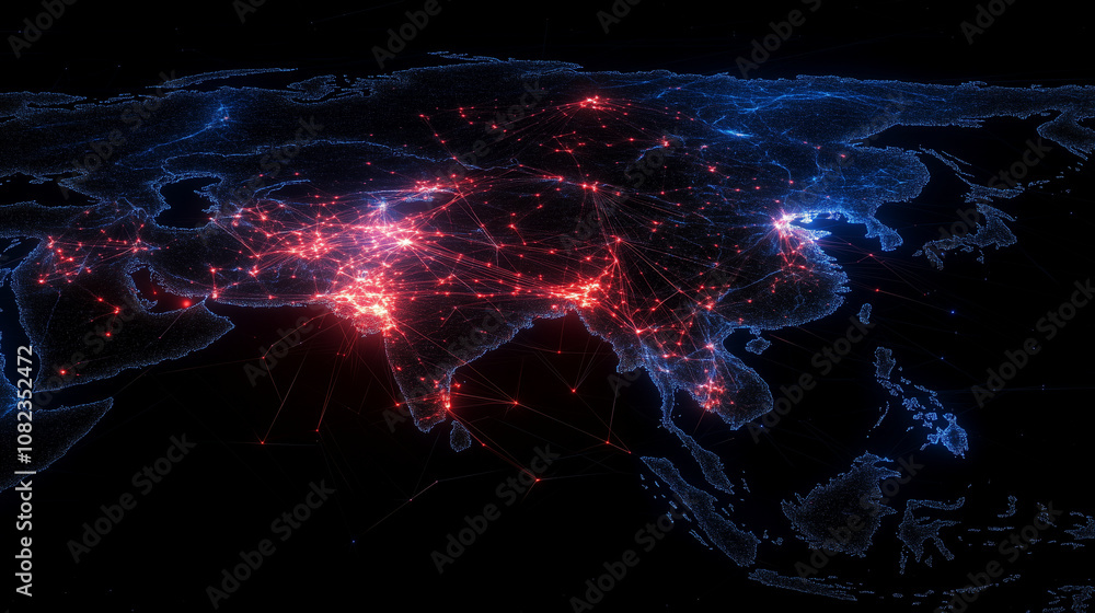Poster a glowing digital map of asia with a network of dynamic lines and data streams, showcasing the inter
