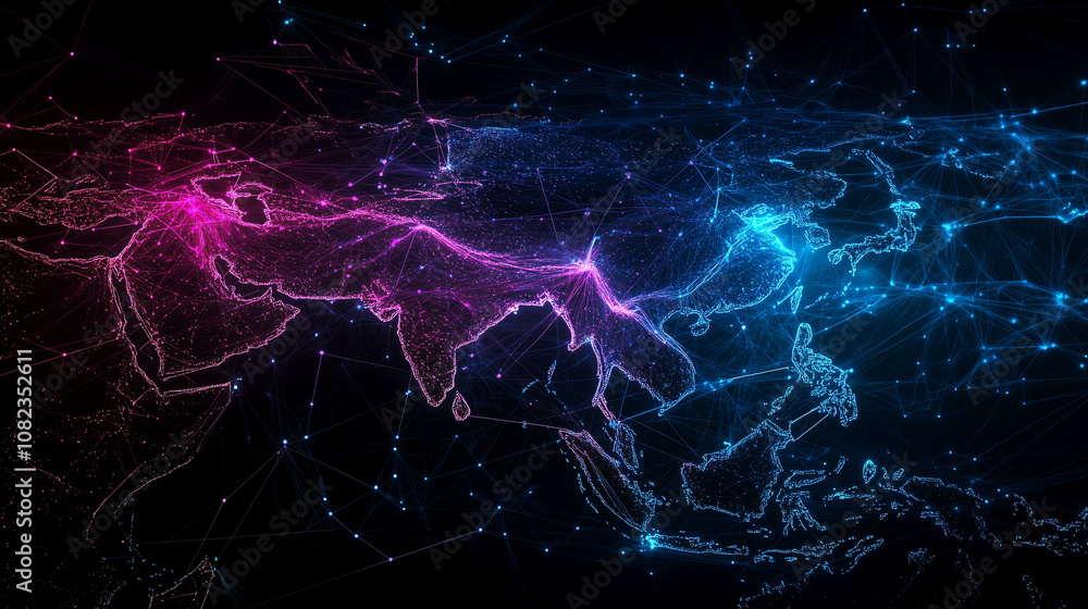 Aufkleber a futuristic digital map of asia with vibrant, pulsing lines connecting countries, symbolizing data 