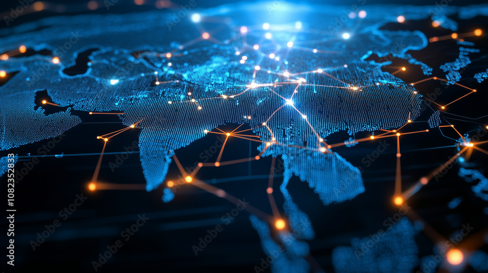 Poster a sophisticated digital map of asia with glowing pathways of data, representing interconnected hubs 