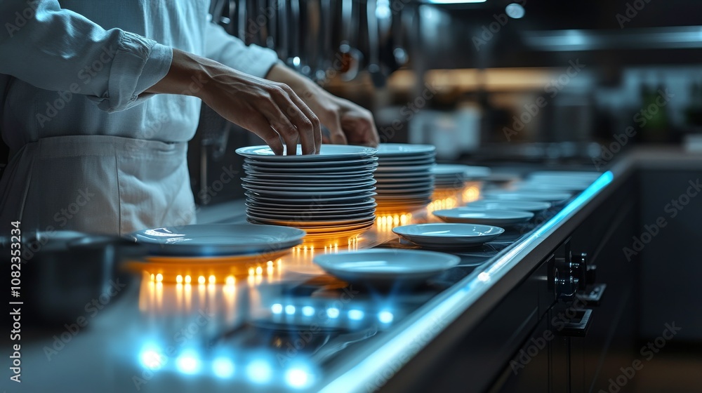 Aufkleber an android efficiently stacking clean plates in a high-tech kitchen during evening hours