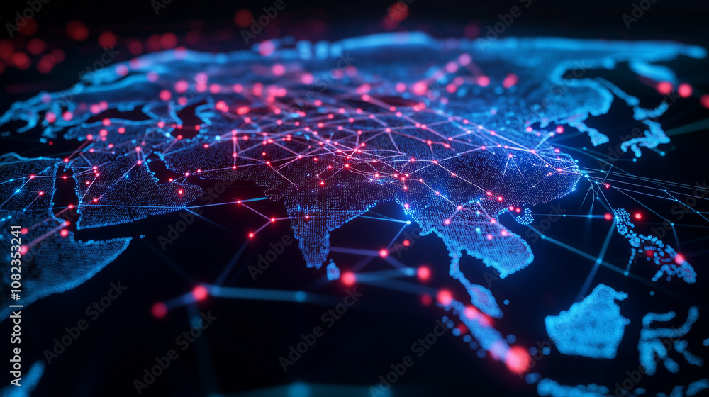 Aufkleber a stylized digital map of asia, filled with interconnected glowing lines and data points, illustrati