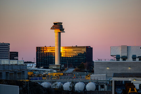 Stockholm, Sweden The control tower at dawn at Arlanda Airport.