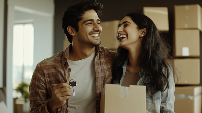 A proud young Indian couple holding keys and laughing together in their modern living room, surrounded by unpacked belongings and open copy space to the side. - Powered by Adobe