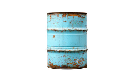 This rusty blue barrel displays significant signs of aging, featuring scratches and corrosion around its surface, indicative of prolonged exposure to the elements in industrial environments