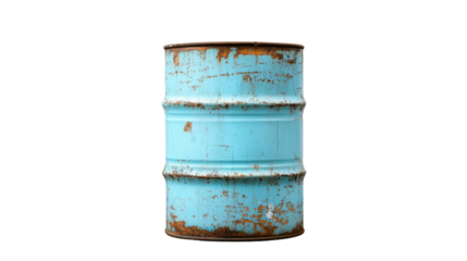 This rusty blue barrel displays significant signs of aging, featuring scratches and corrosion around its surface, indicative of prolonged exposure to the elements in industrial environments