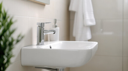 Fototapeta premium Minimal and sanitized bathroom. Bathroom with sleek sink and modern fixtures, creating serenity