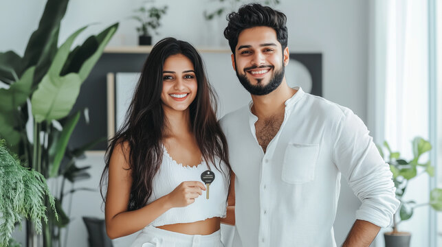 A happy Indian couple standing in their stylish, light-filled living room, holding keys to their new apartment with a sense of joy, with elegant decor and a touch of greenery.