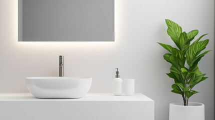 Fototapeta premium Minimal and sanitized bathroom. Modern bathroom with sleek design, elegant sink, and greenery