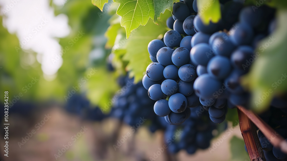 Poster a close-up of cabernet franc grapes on the vine, showing the detailed texture of each grape and surr
