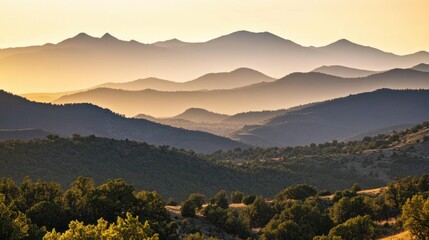 Naklejka premium Rolling Hills and a Golden Sunset Over a Distant Mountain Range
