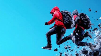 Two figures in red hoodies jumping through a rocky landscape.