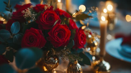 Red roses bouquet illuminating christmas eve dinner table