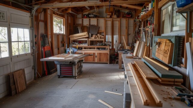 A peaceful woodworking shop with tools and wooden projects, Carpentry tools and unfinished wood pieces organized, Classic craftsmanship style