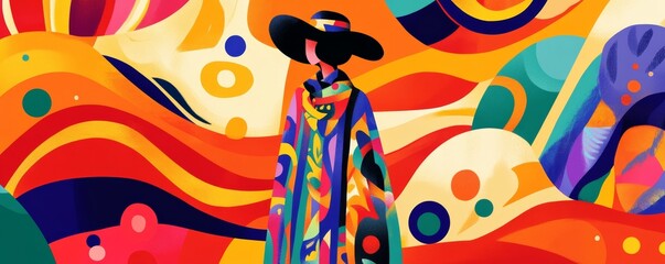 Fashion model wearing colorful clothes and wide-brimmed hat posing in abstract background