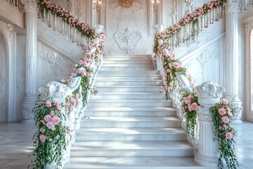 Marble white stairs with flower garlands, fantasy palace or heaven stone stair with floral decorations, fairytale princess castle interior, AI generated image with generative ai