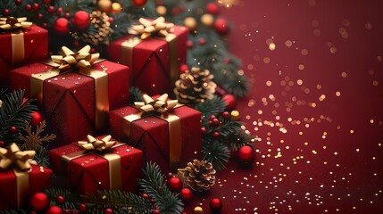 Christmas banner. Realistic gold gift box with red bow, pine branches, golden stars and glitter confetti. Xmas background, cover, poster, greeting cards, headers website.