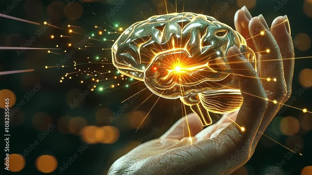 Poster human hand is holding a glowing brain with data streaming into it, symbolizing neural enhancement an