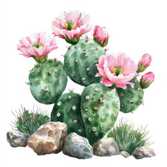vibrant cactus with pink flowers surrounded by rocks and grass, showcasing beauty of desert flora. This illustration captures essence of nature resilience and charm