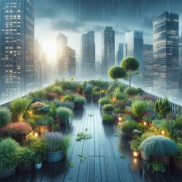 Rainy Rooftop Garden A rooftop garden with herbs and flowers soa