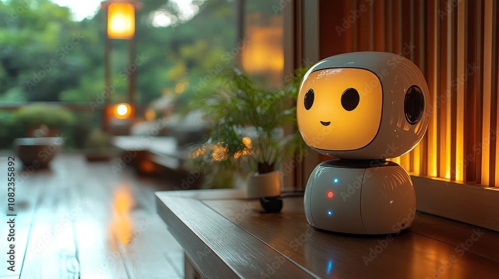 Poster an android docks seamlessly in a tranquil indoor space with ambient lighting and greenery around