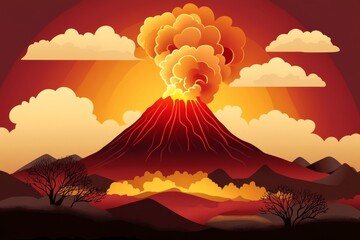 Paper-Cut Kintsugi Origami Japandi Volcano Mountain Eruption with Smoke and Clouds Silhouette