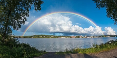 A bright rainbow arches over a peaceful lake, framed by trees, against a mesmerizing cloudy sky, evoking tranquility.