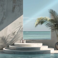Obraz premium 3d render background with stone podium and plants, realistic photo