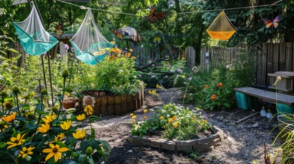 Obraz premium A picturesque butterfly garden with observation tools, Butterfly nets and field guides arranged beautifully, Naturalist exploration style