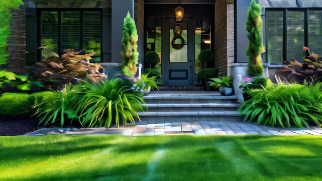 Beautiful landscaping of a modern home with lush greenery and stone pathway in bright sunlight