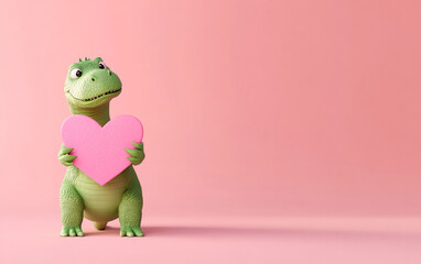 Fototapeta premium A green dinosaur holds a pink heart in its hands against a pink background