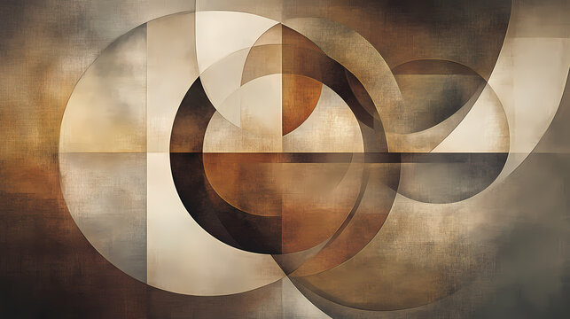 An abstract design of intersecting lines and circles in muted earth tones, creating a balanced, harmonious composition. the simplicity evokes a sense of order and calm. Harmonious. Illustration