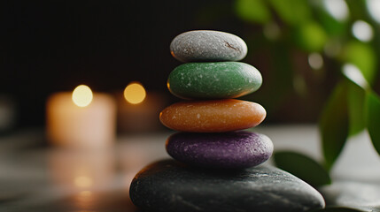 A close-up of balanced, multicolored stones in a stack, with hues of green, purple, and orange, creating a calm and balanced scene.