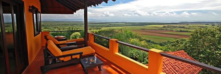 Scenic balcony view overlooking lush fields and distant mountains.