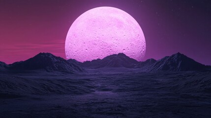 Fototapeta premium SEO relevance concept. A surreal landscape featuring a vast, textured terrain under a large, glowing purple moon surrounded by a vibrant gradient sky.
