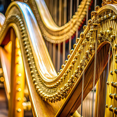 Obraz premium beautiful golden harp strings close up musical in