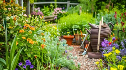 Naklejka premium A picturesque flower garden with gardening tools and blooming plants, Paths and garden beds meticulously maintained, Botanical sanctuary style