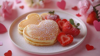 Valentine's Day Heart-Shaped Pancakes Topped with Powdered Sugar and Served with Strawberries, Set on a Pink Background, Ideal for Romantic Brunch Ideas, Food Photography